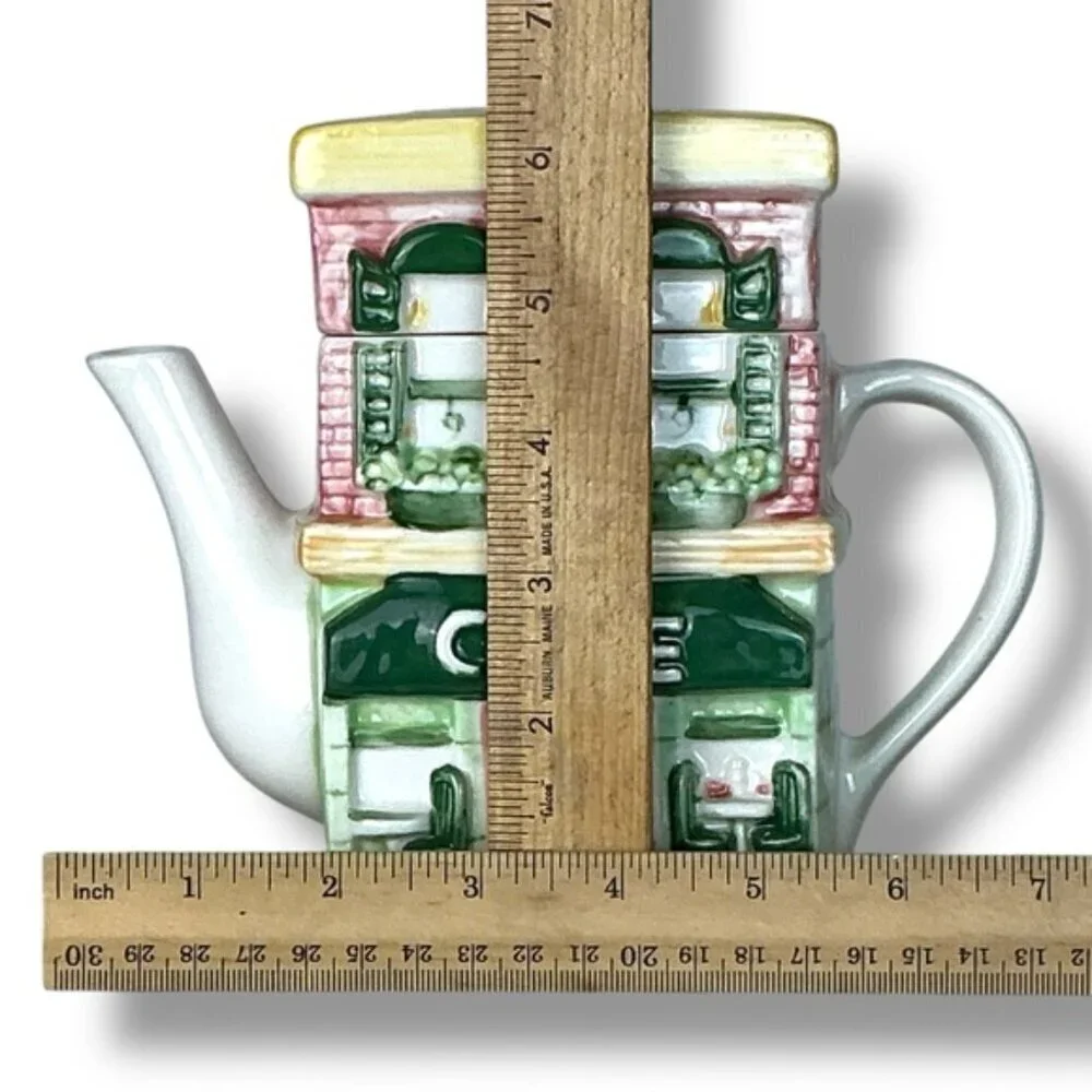 Vintage Main Street Cafe Store Front Ceramic Teapot Functional Art Collectible